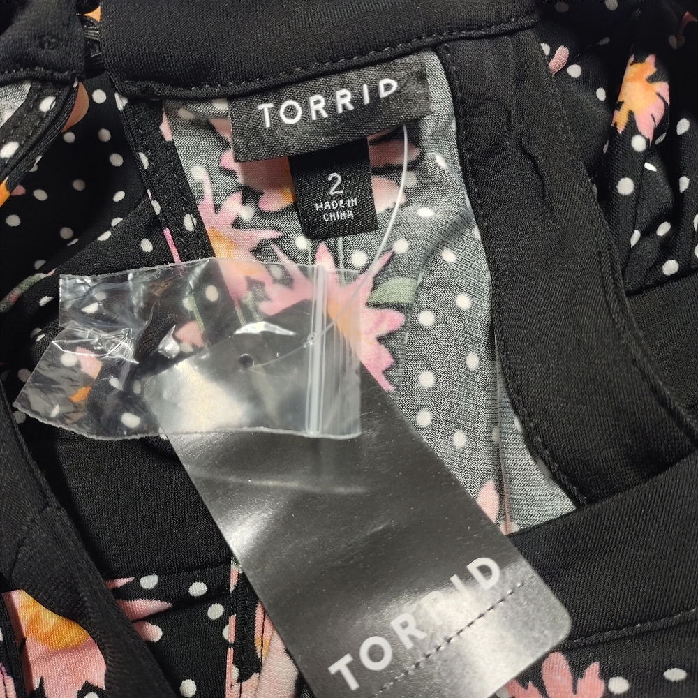 Torrid Size 2 Black Floral Polka Dot Sleeveless Halter Midi Dress Stretch NWT - Picture 7 of 8